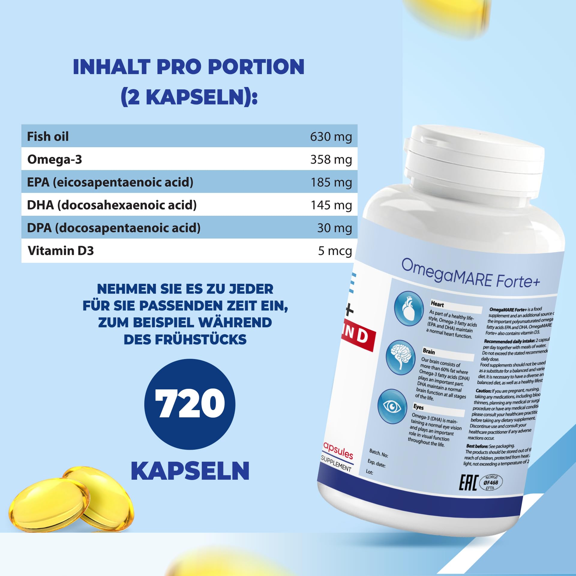 OmegaMARE Forte+ – Omega-3 Jahresvorrat (720 Kapseln) | XXXL Pack aus wildem norwegischem Fisch | mit EPA, DHA, DPA & Vitamin D3