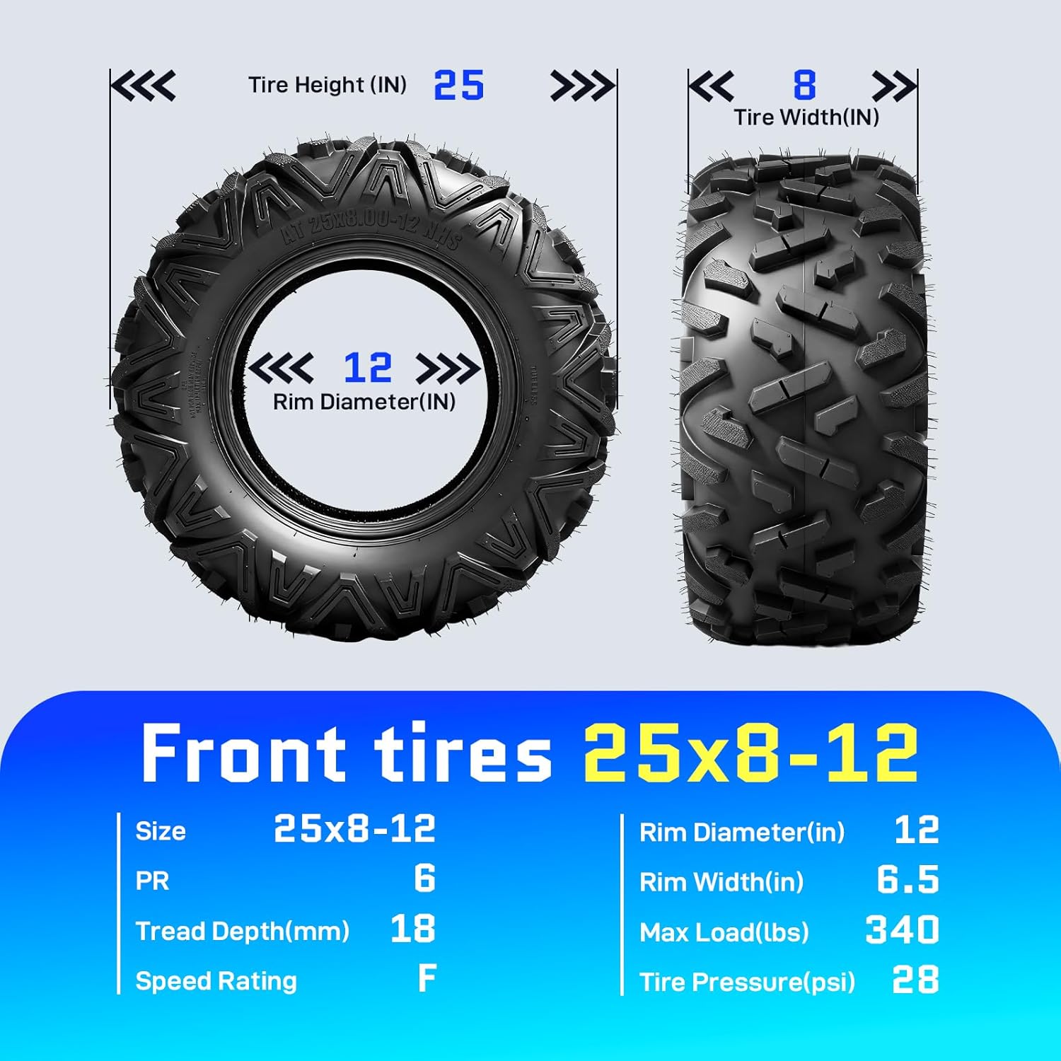 TRIBLE SIX 25x8-12 & 25x10-12 ATV Tires,6 PR All-Terrain UTV Tires 25x8x12 25x10x12 for Sand Mud Trail,Non-Directional Tread,Tubeless (Pack of 4)