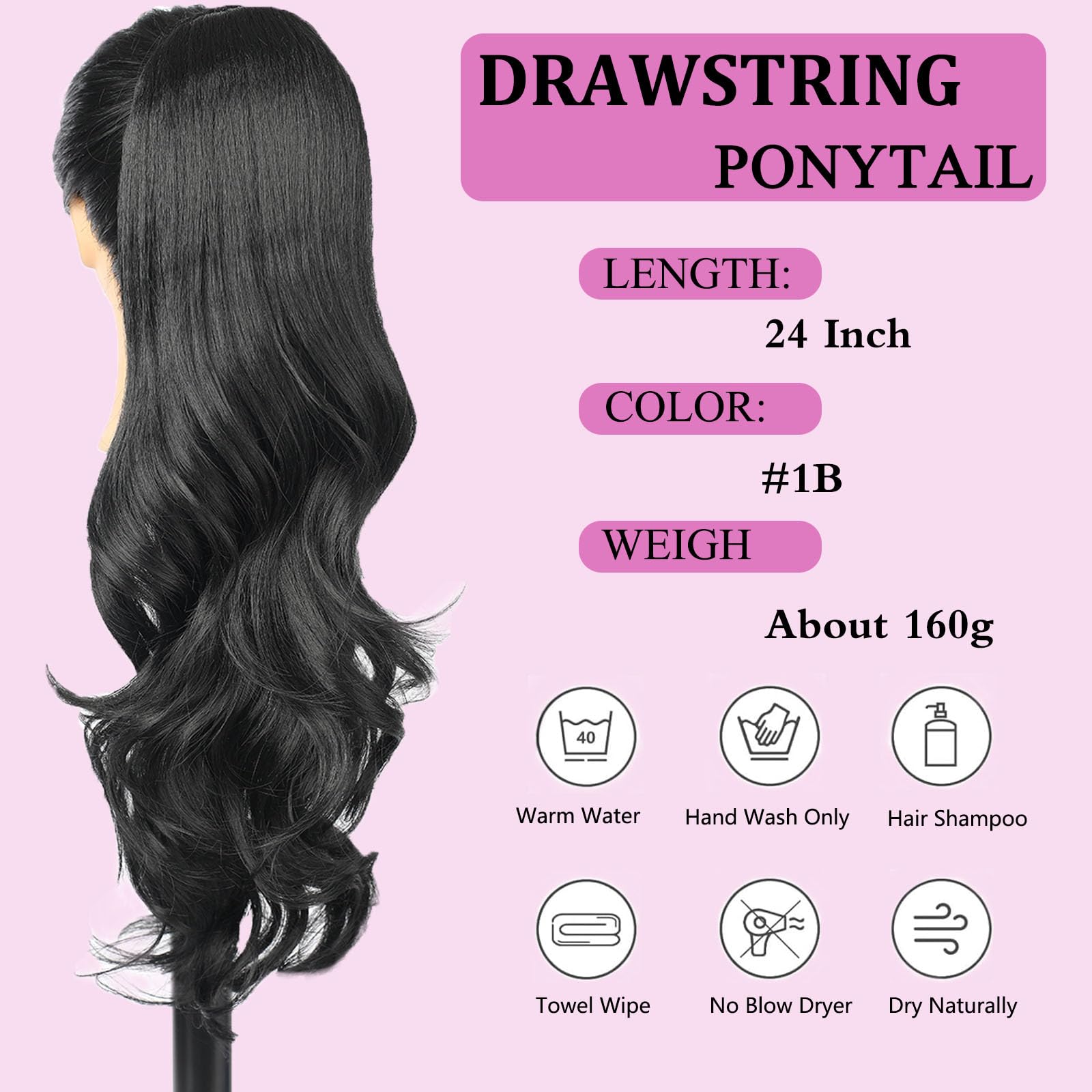 Samtress Ponytail Extension 24 Inch Drawstring Ponytail Extension for Women Natural Black Long Wavy Layered Pony Tails Hair Extensions Synthetic Clip in Ponytail Hairpiece Daily Use Party (#1B) - Image 2