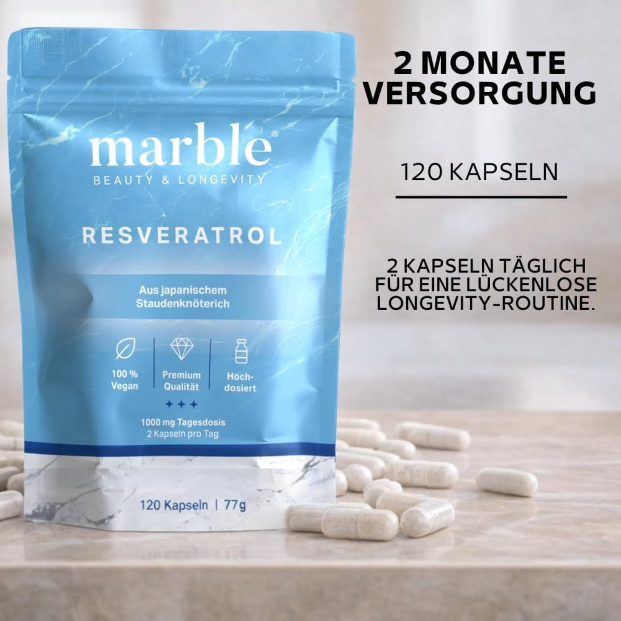 marble® Trans-Resveratrol 1000 mg, 120 vegane Kapseln - 2 Monatsvorrat, aus Japanischem Staudenknöterich 100:1 Extrakt + Piperin, laborgeprüft, Made in Germany - 30 Tage risikofrei testen