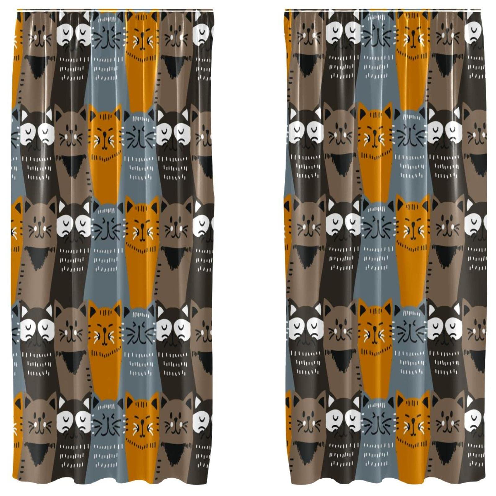 Rideaux de salon chat marron jaune gris 140x213 cm | Lot de 2