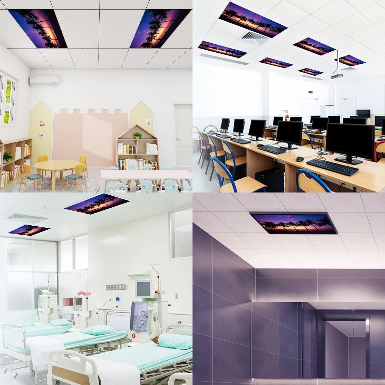 Fluorescent Light Covers for Ceiling Lights Coconut Tree Silhouette Twilight Beach Easy to Install Magnetic Light Filter for Classroom Office Hospitals School Home Decor