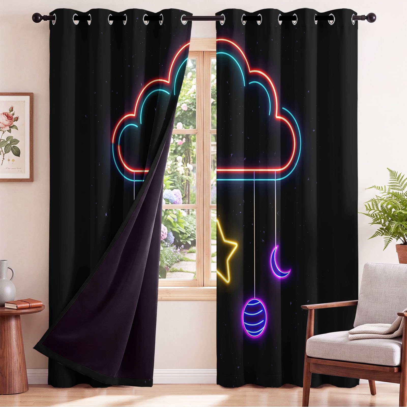 Générique Rideau Occultant Moderne Fantaisie Salon Moderne Thermique Isolant Anti Froid Polyester 2 Pièces 117 x 229 CM Rideaux De Fenêtre Espace Étoile Nuage pour Chambre Cuisine Décoration