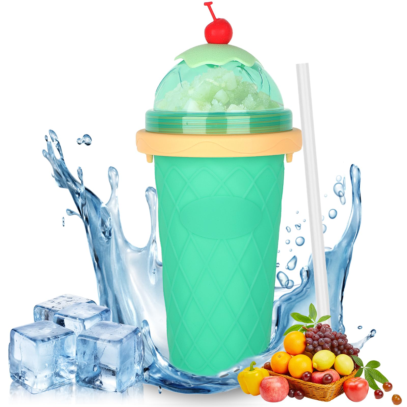 Silikonowy kubek do slushy typu "zrób to sam", ze słomką i łyżeczką 2 w 1, kubek do ugniatania smoothie pinch Ice Cup, "zrób to sam", jasnozielony