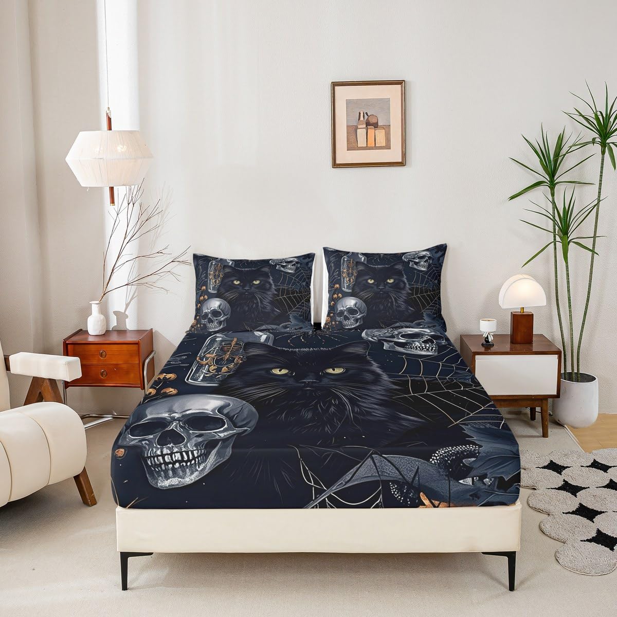 Gothic Cats Fitted Sheet Full Size Sugar Skull Skeleton Bedding Set 3Pcs(No Flat Sheet) Jungle Spider Web Bed Sheet for Boys Girls Teens Room Decor Mystic Halloween Deep Pocket Sheet