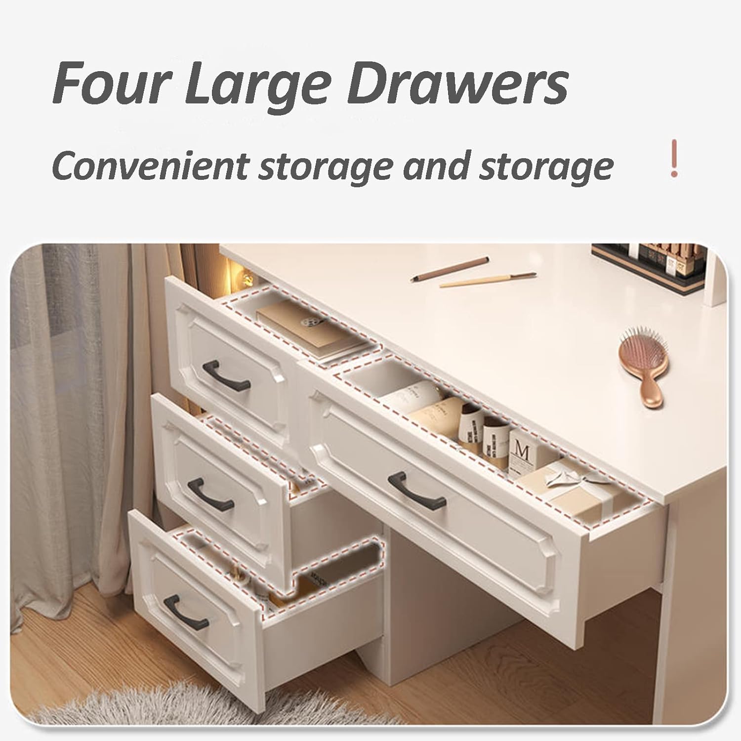 ドレッサー 白、ミラーとライト付きの化粧台、引き出し付き化粧台、3