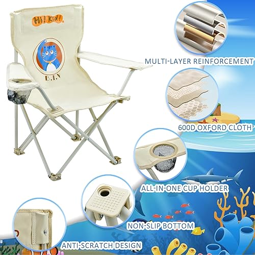 Miniatura 5 de Paquete de 2 sillas de campamento para niños, sillas de playa para niños con paraguas, soporte plegable para tazas, duradero, resistente al