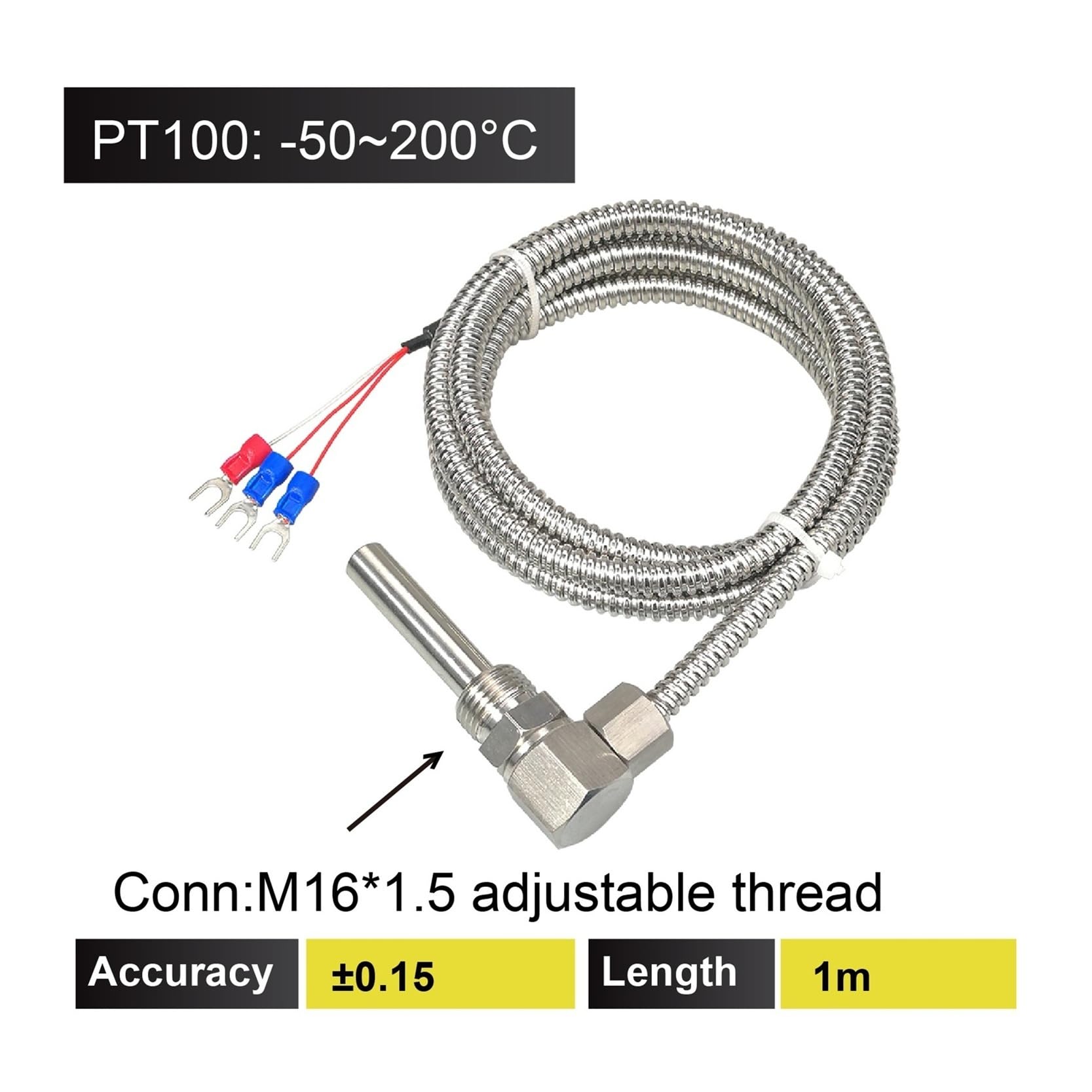 Sensor de temperatura PT100, sonda de temperatura de acero inoxidable WZPT-D2M16 | Sonda de resistencia térmica roscada tipo L(Pt100-1M)