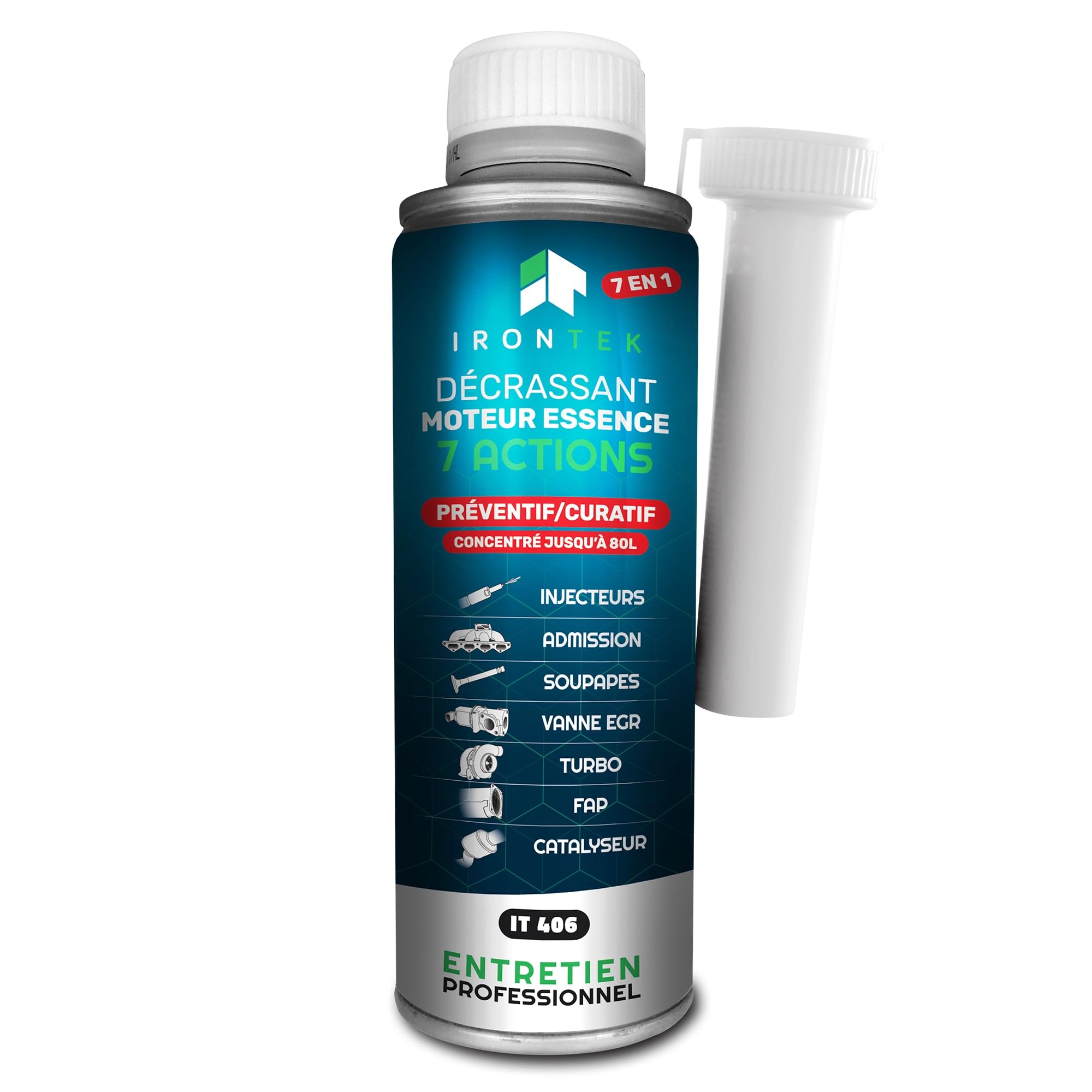 Décrassant Moteur Essence 7en1 375ml - IRONTEK | IT406 | Sans Démontage | Catalyseur Turbo EGR Injecteurs | Traitement Complet Premium