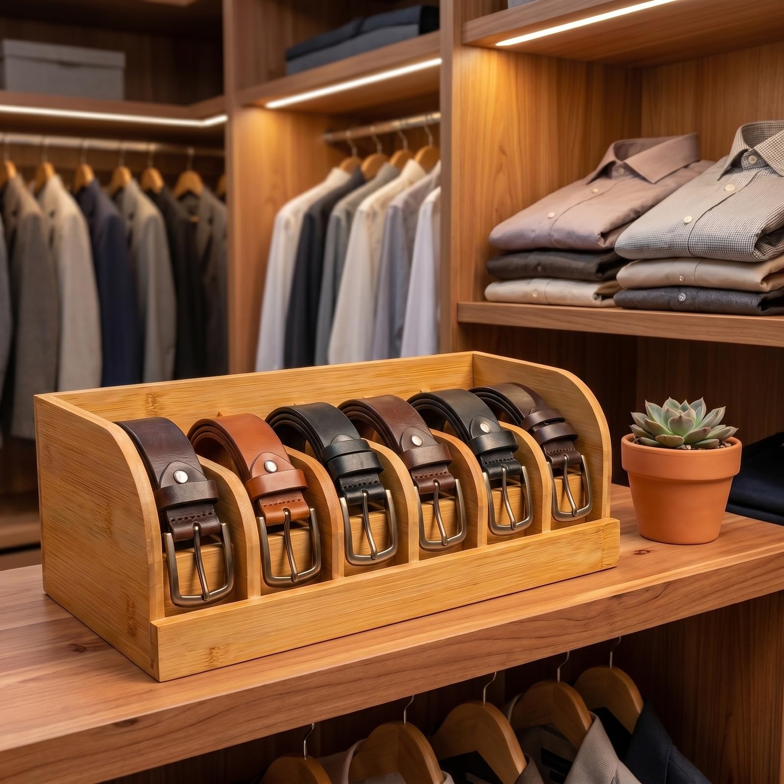 Nivofu Bambus Gürtel-Organizer zur Aufbewahrung, 6 Fächer für Herren und Damen, Platzsparender Gürtelhalter für Schrank und Schublade, Geeignet für Krawatten und Accessoires