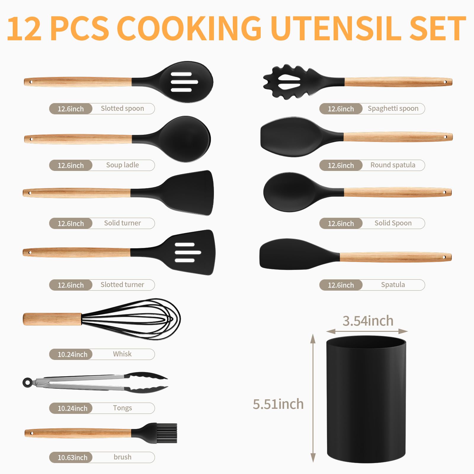 Silicone Cooking Utensil Set,12 PCS Cooking Cookware Kitchen Utensils Set for Cooking, Nonstick 446°F Heat-Resistant Cookware Kitchen Tools of Spoon,Brush,Whisk,Spatula,Turner Tongs (Black)