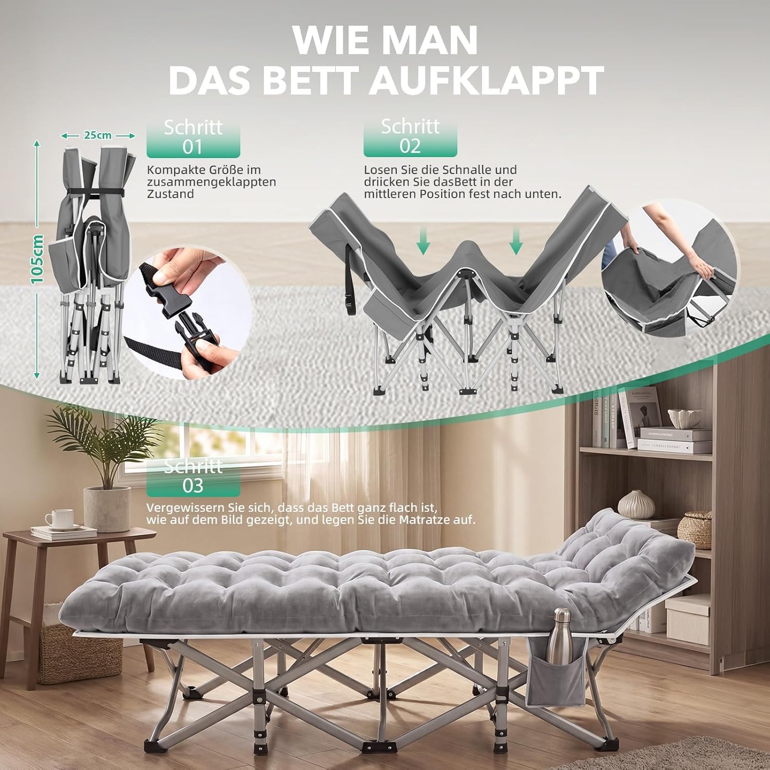 XXL Campingbett Feldbett 190 x 80 x 37 cm Feldbett Klappbar mit Matratze, Klappbett mit Seitentasche, Camping Bett 2 Personen Campingliege, Faltbar Gästebett bis 308 kg für Outdoor Indoor Reisen