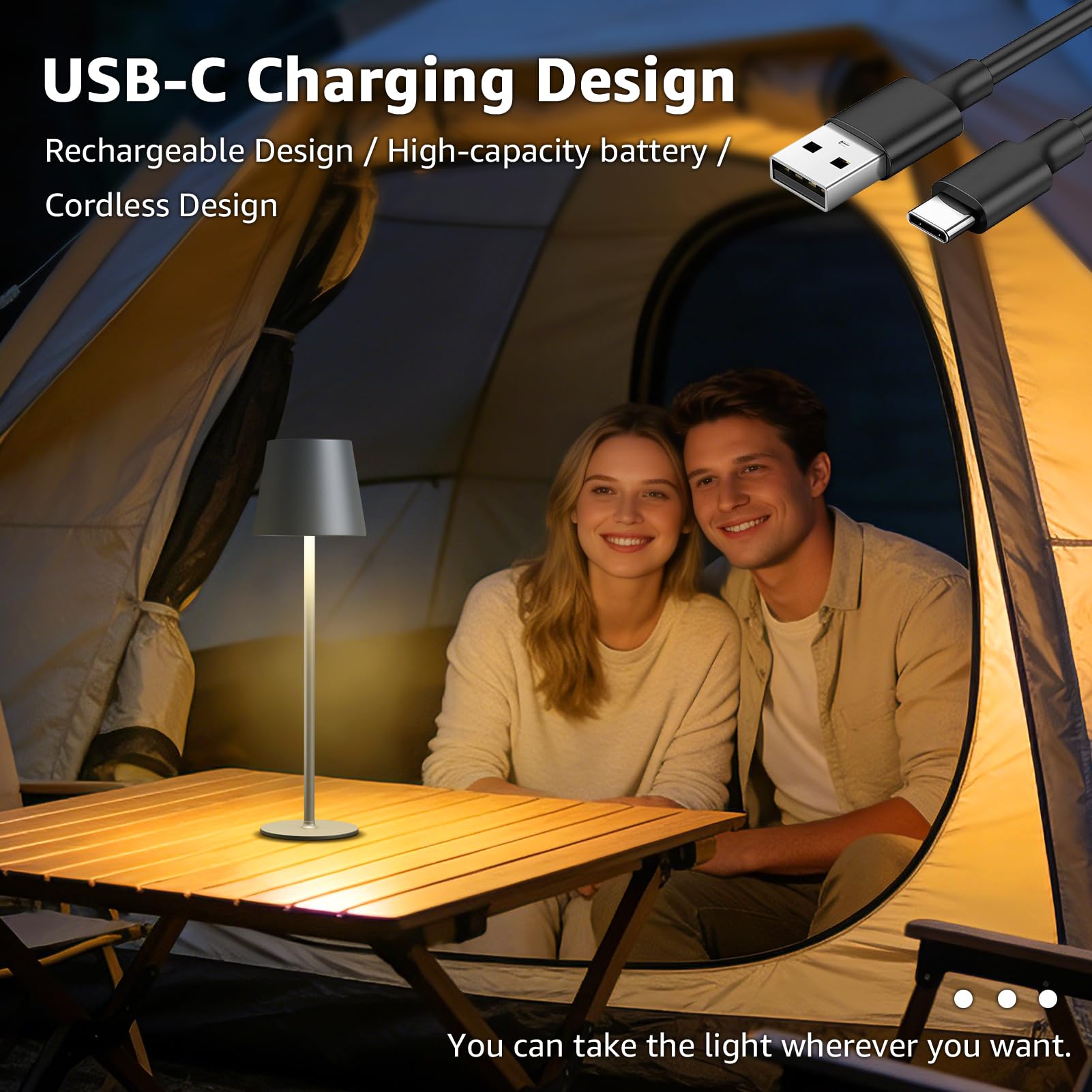 MALUX LED Tischlampe Kabellos 2 Stück Touch Dimmbare 2700K-4000K Metall IP44 Wasserdicht, USB-C Aufladung, 8-15h Akkulaufzeit Tischleuchte für Garten Esstisch Schlafzimmer Balkon Hotel (Grau)