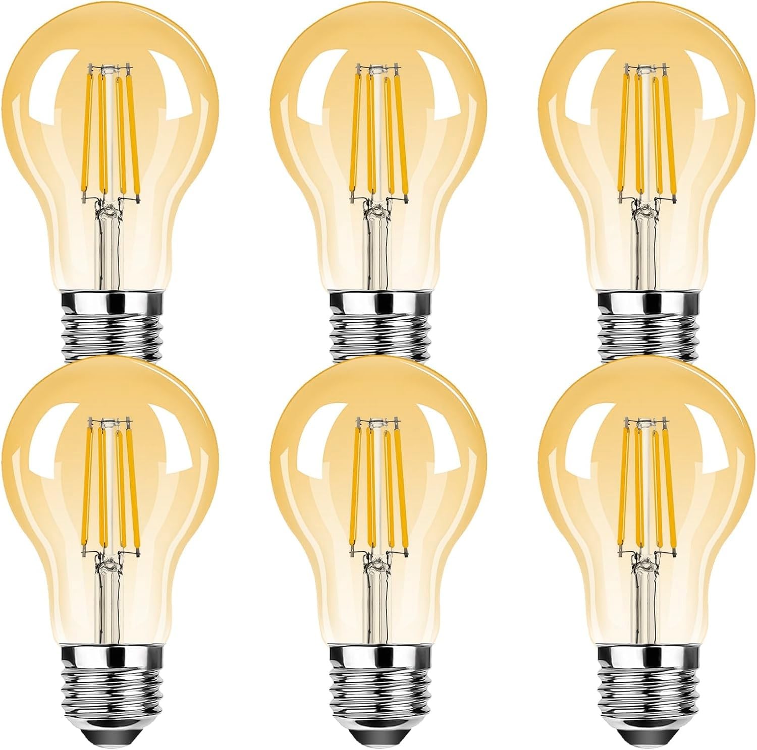 HUA QIANG WANG Vintage E27 LED Edison A60 Filament Light Bulbs (6-Pack) | 2700K Warm White, Amber Glass, 4W Non-Dimmable Decorative Bulbs, Soft Ambient Light (Not for Bright Lighting)