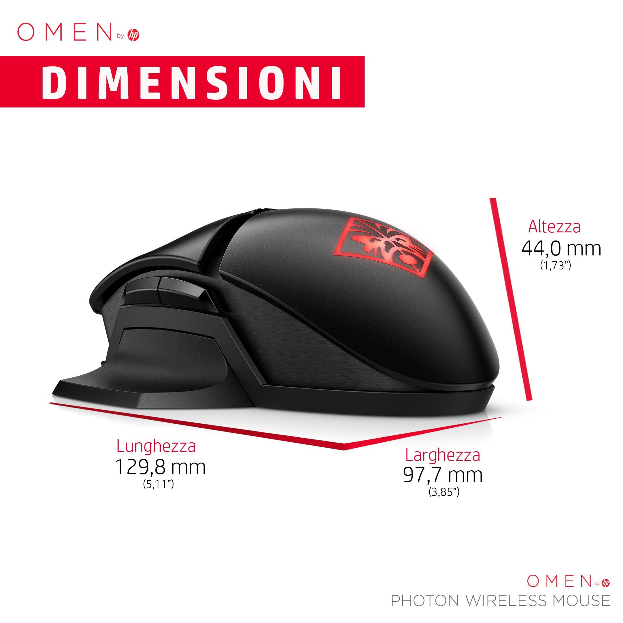 HP OMEN Mouse Photon, Wireless, Ricarica Qi Wireless, 11 Tasti Programmabili, Tempo Risposta 0.2 ms, DPI da 100 e 16000, Sensore Ottico PixArt PAW3335, LED RGB Personalizzabili, Nero