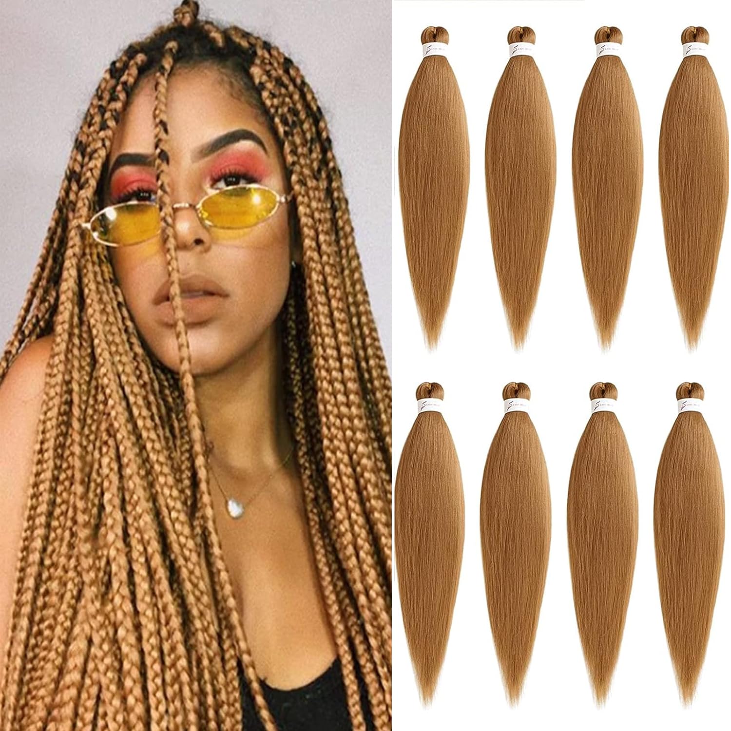 Mscat 20 Inch 8 Packs Pre Stretched Braiding Hair Light Brown Pre Stretched Braiding Professional Synthetic Prestretched Crochet Braids Hair Extension Hot Water Setting Yaki Texture (27#)