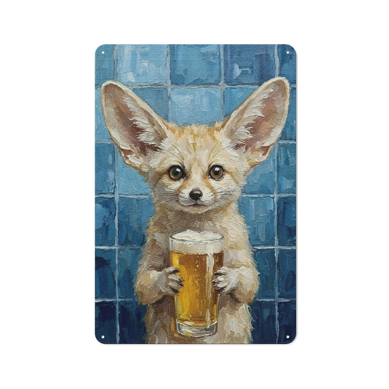 Junmoney Style-14 30X20cm Rustic Tin Sign With Fennec Fox With Beer Painting For Home Office Or Studio, For Metal Sign Collectors, For Garage And Workshop Walls