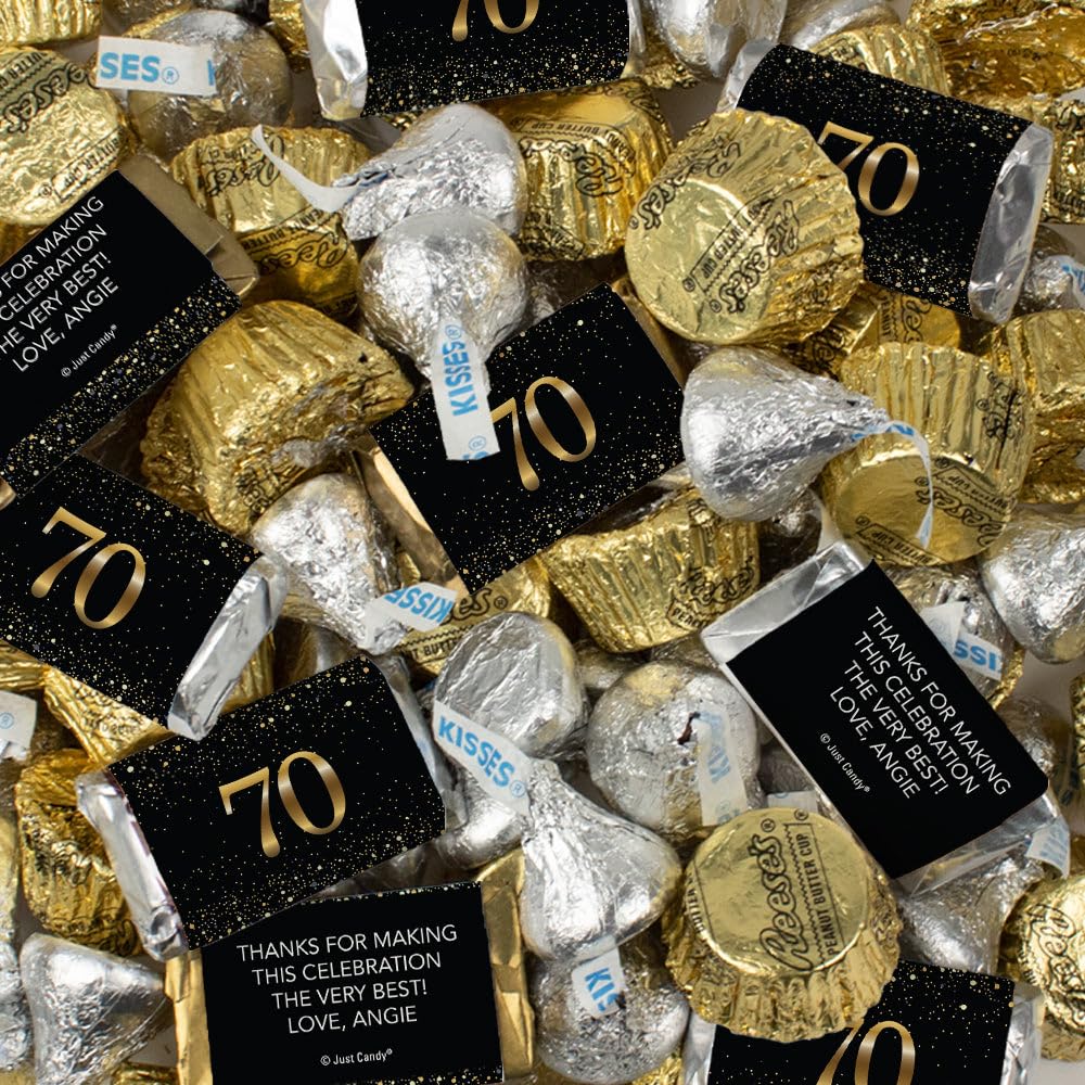 200pcs Personalized 70th Birthday Candy Kit, Chocolate Party Favors for Guests, Candy Buffet Supplies (Custom Wrapped Miniatures, Kisses, Peanut