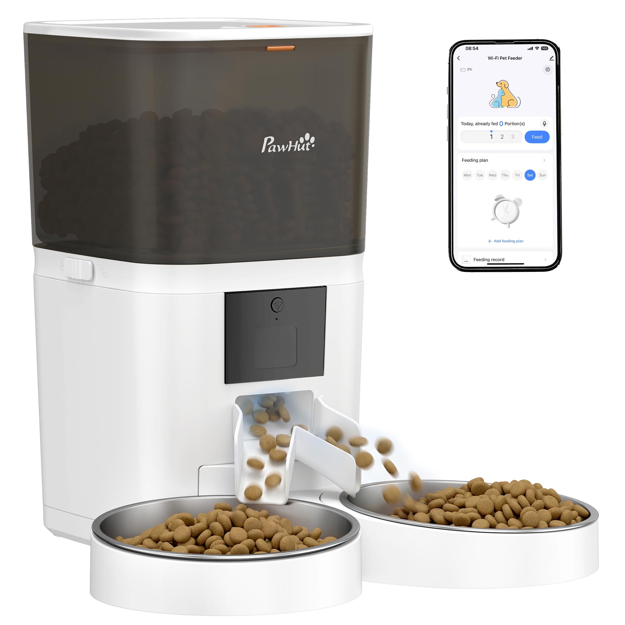 PawHut Distributore Automatico Cibo Gatti 6L WiFi 2.4G, Dispenser Crocchette Gatto App Controllo con Timer, 1-10 Pasti al Giorno, Registratore 10s, 2 Ciotole in Acciaio Inox, per Cani Media e Piccolo