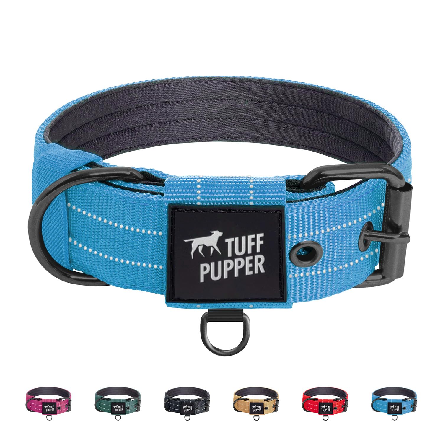 Tuff Pupper Heavy Duty Tactical Dog Collar | 1.25" Wide Ballistic Nylon | Reflective Stitching | Integrated ID Tag Holder | Stainless Steel Buckle | Padded Lining | Small &amp; Medium Dogs (Teal, Small)