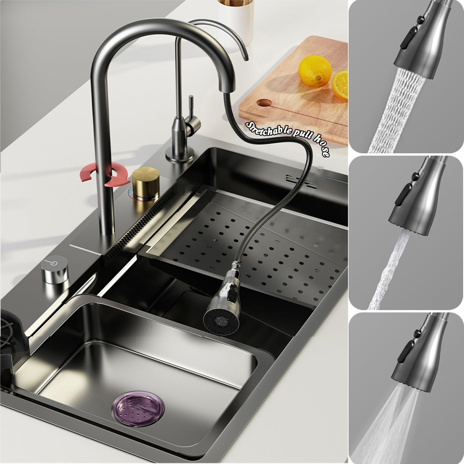 Multifunktionales Wasserfall-Spülbecken 13-teilig, Edelstahl Küchenspüle Mit Digital-Wasserhahn, Ausziehbar, Tassenspüler, Arbeitsplatz, 75x46x22cm, Schwarz-Grau
