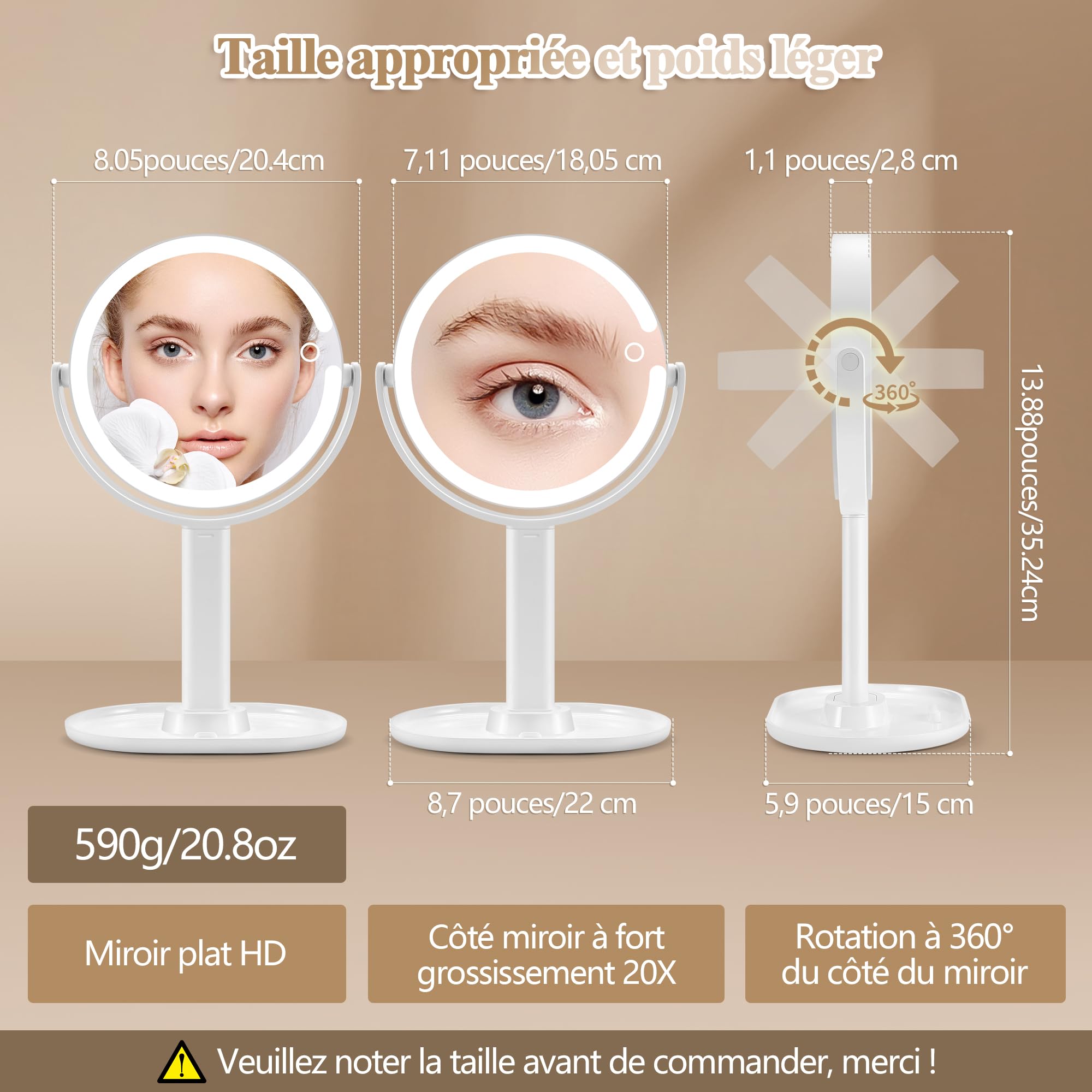 MOMOKUBA Miroir Grossissant Lumineux X 20, Miroir Grossissant sur Pied 8", miroirs Maquillage Lumineux sur Pied Double Face 3 Couleurs 64 LED, Rechargeable Rotation 360°
