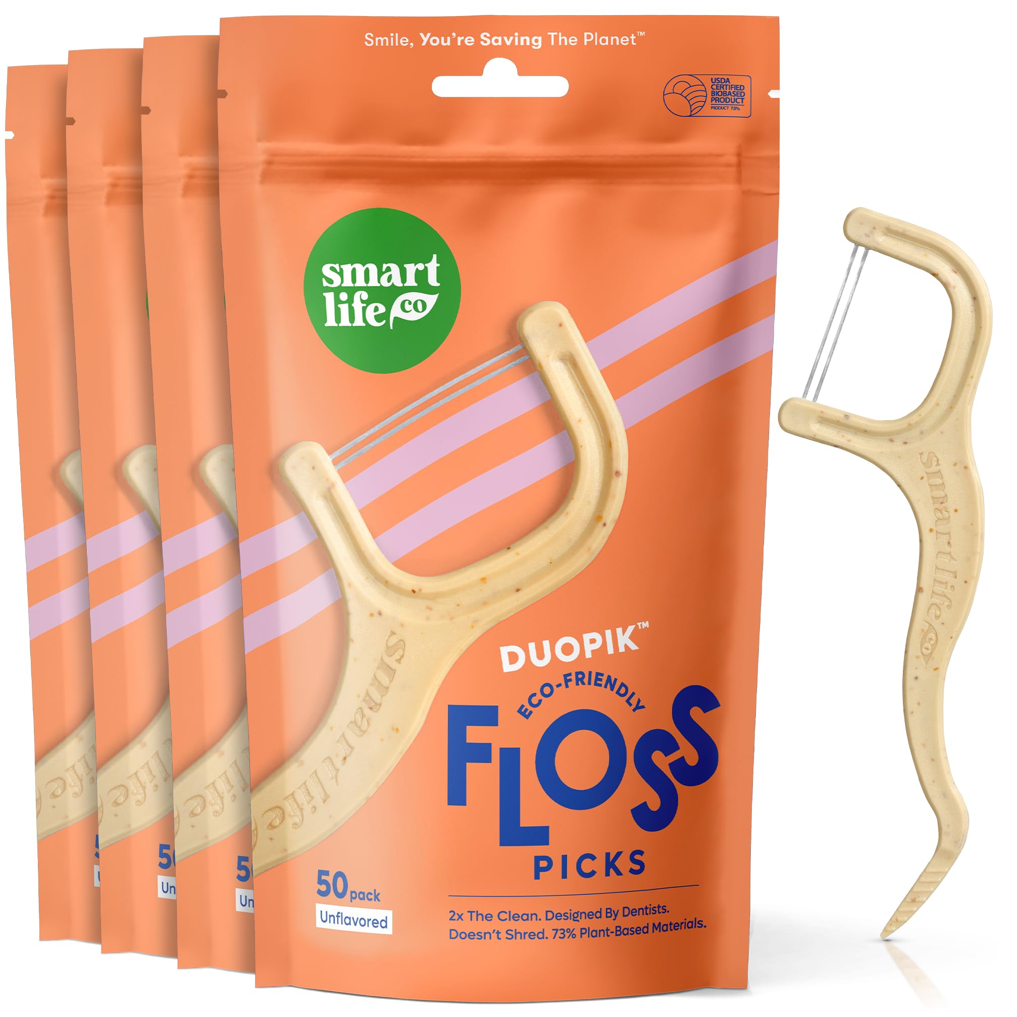 SmartLifeco Eco-Friendly Dual-Thread Dental Floss Picks 200ct - Flossers Made with Straw Wheat Blend Superior Anti-Shred for Tight