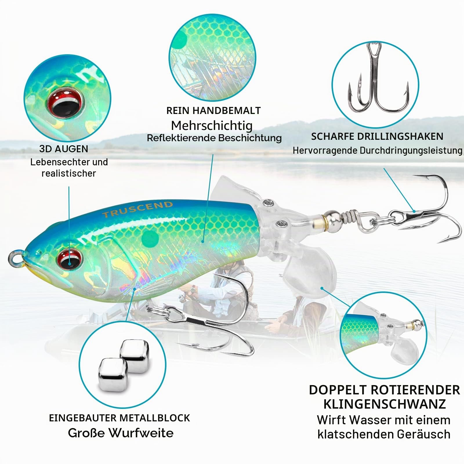 TRUSCEND Easy Catch Popobait mit BKK-Haken, Perfektes Gleichgewicht aus Schall, Spritzer & Schwimmen, Whopper Plopper Oberfläche Angelköder, Topwasser-Plopper-Köder für Barsch, Zander, Forelle, Hecht