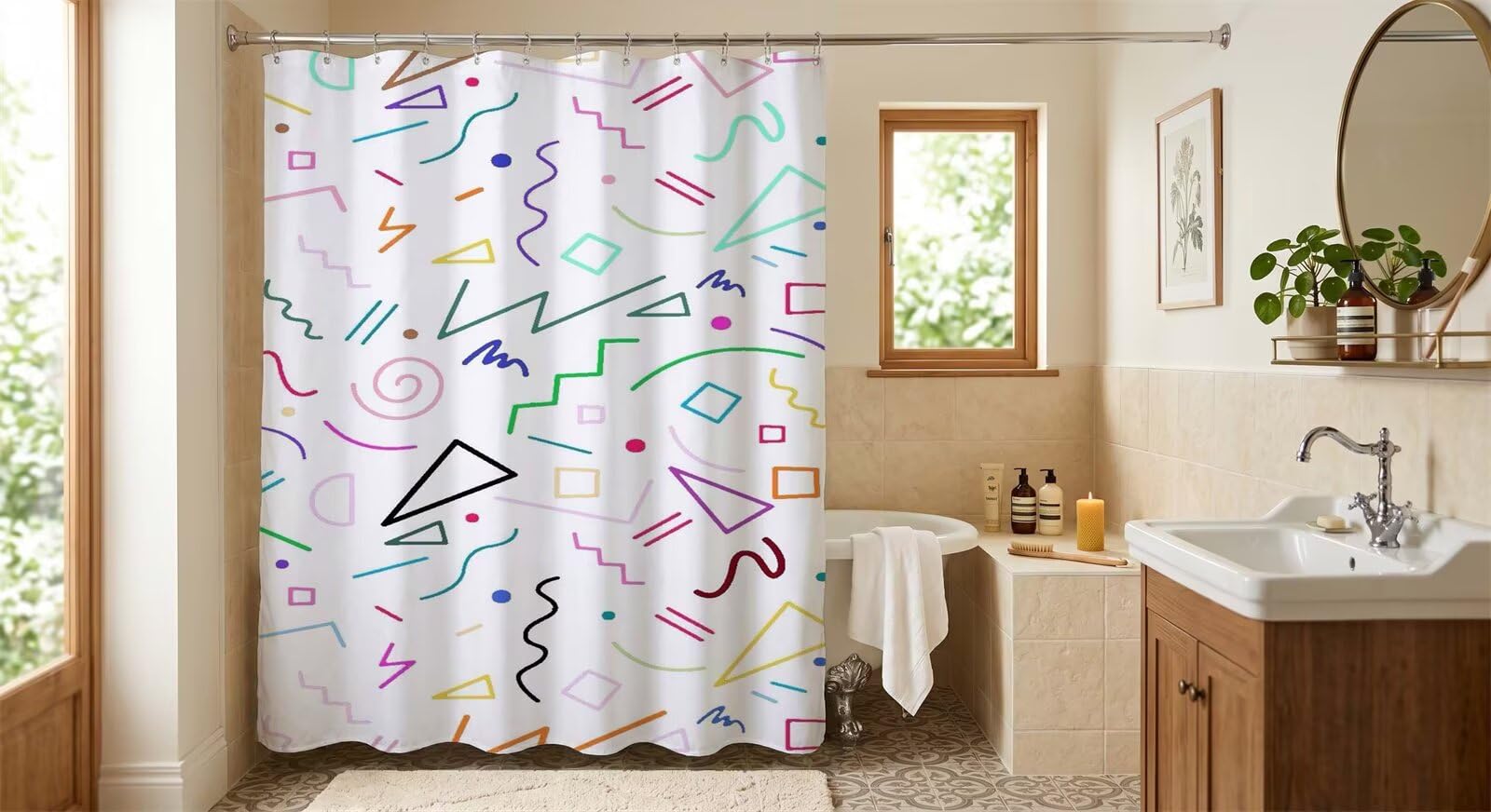 Yoonqun Linear Geometry Shower Curtain 180 x 200 cm Waterproof Anti-Mould Bathroom curtain with 12 Hooks,Washable Quick-Drying Curtains for Wet Room