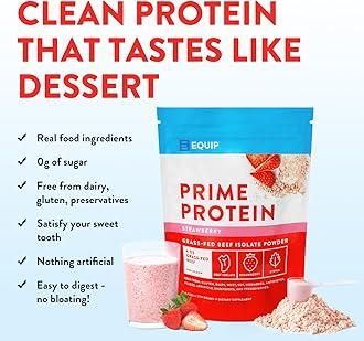 Equip Foods Prime Protein Powder | Clean, Grass Fed Beef Protein Powder | Carnivore Protein Isolate | Paleo, Keto Friendly | Gluten & Dairy Free | Helps Build & Repair Tissue | 30 Servings, Strawberry