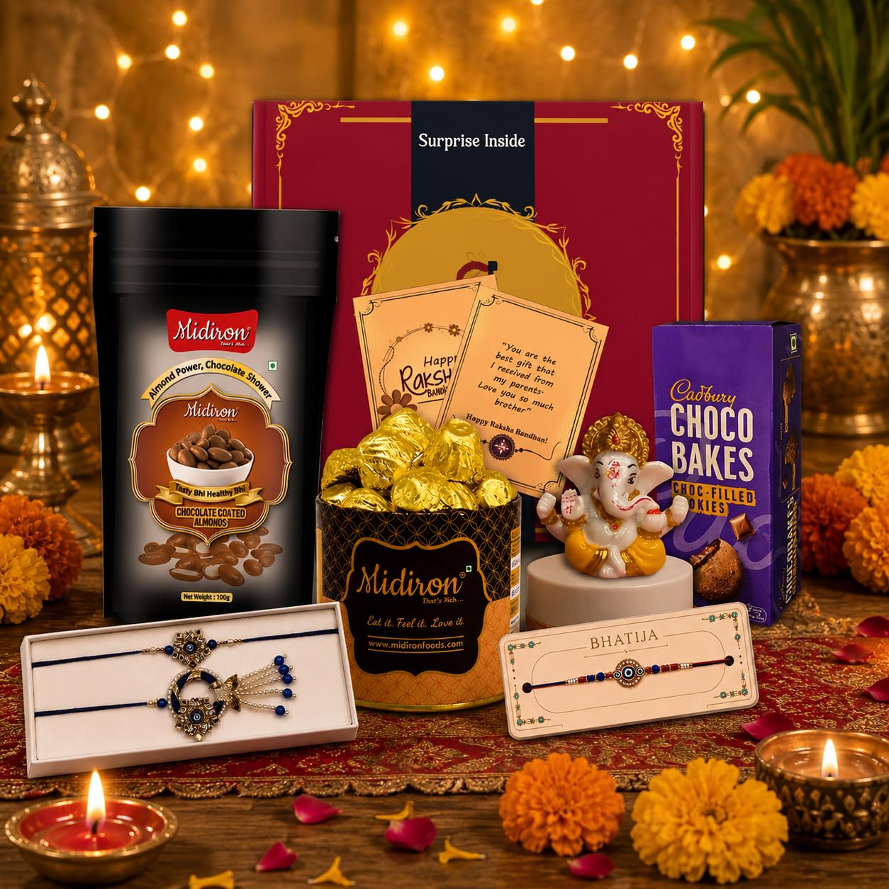 Midiron Festive Rakhi Hamper for Family Featuring Designer Rakhi Set for Bhaiya Bhabhi and Bhatija, Chocolate Coated Almonds, Choco Cookies, Decorative Ganesha Idol and Celebration Box-image-5