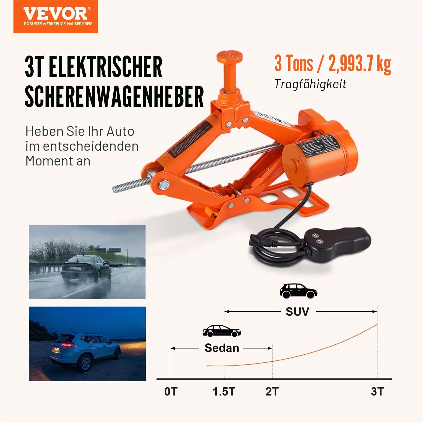 VEVOR Elektrischer Wagenheber, 3 Tonnen/2993,7 kg 12 V Elektrischer Scherenwagenheber, Doppelsattel mit Fernbedienung, tragbarer Wagenheber für Limousine, SUV, LKW Reifenwechsel Ersatz