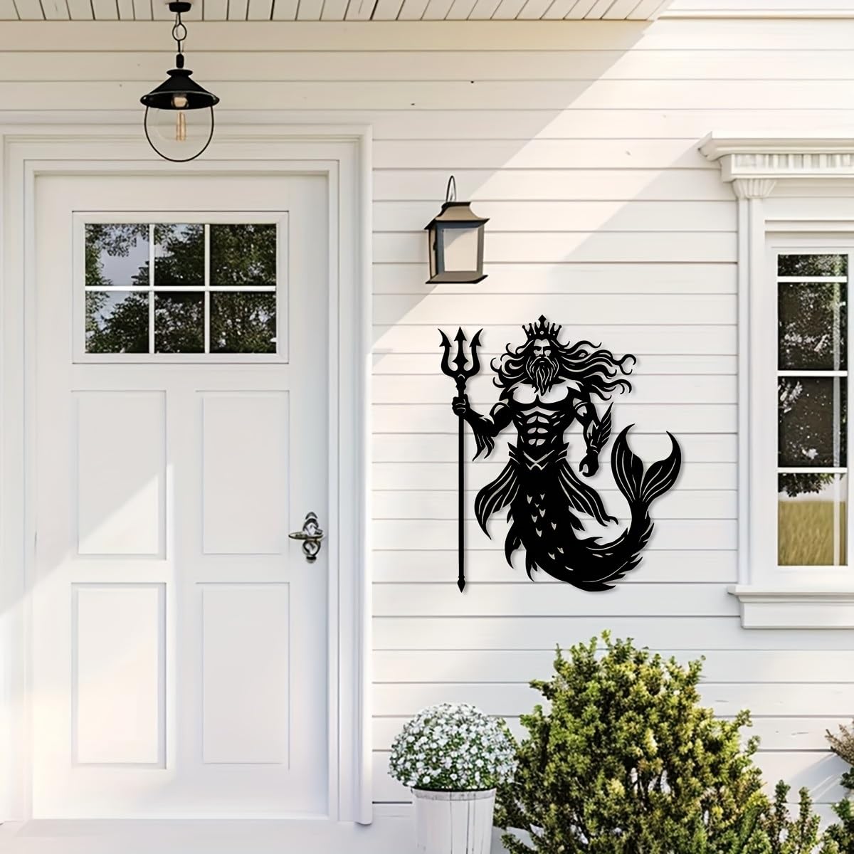 Decoración de pared abstracta contemporánea de metal, arte del Rey Tritón - 35 x 40 cm, estilo costero de hierro con tridente de Poseidón, escultura náutica mitológica para casa de playa, sala d