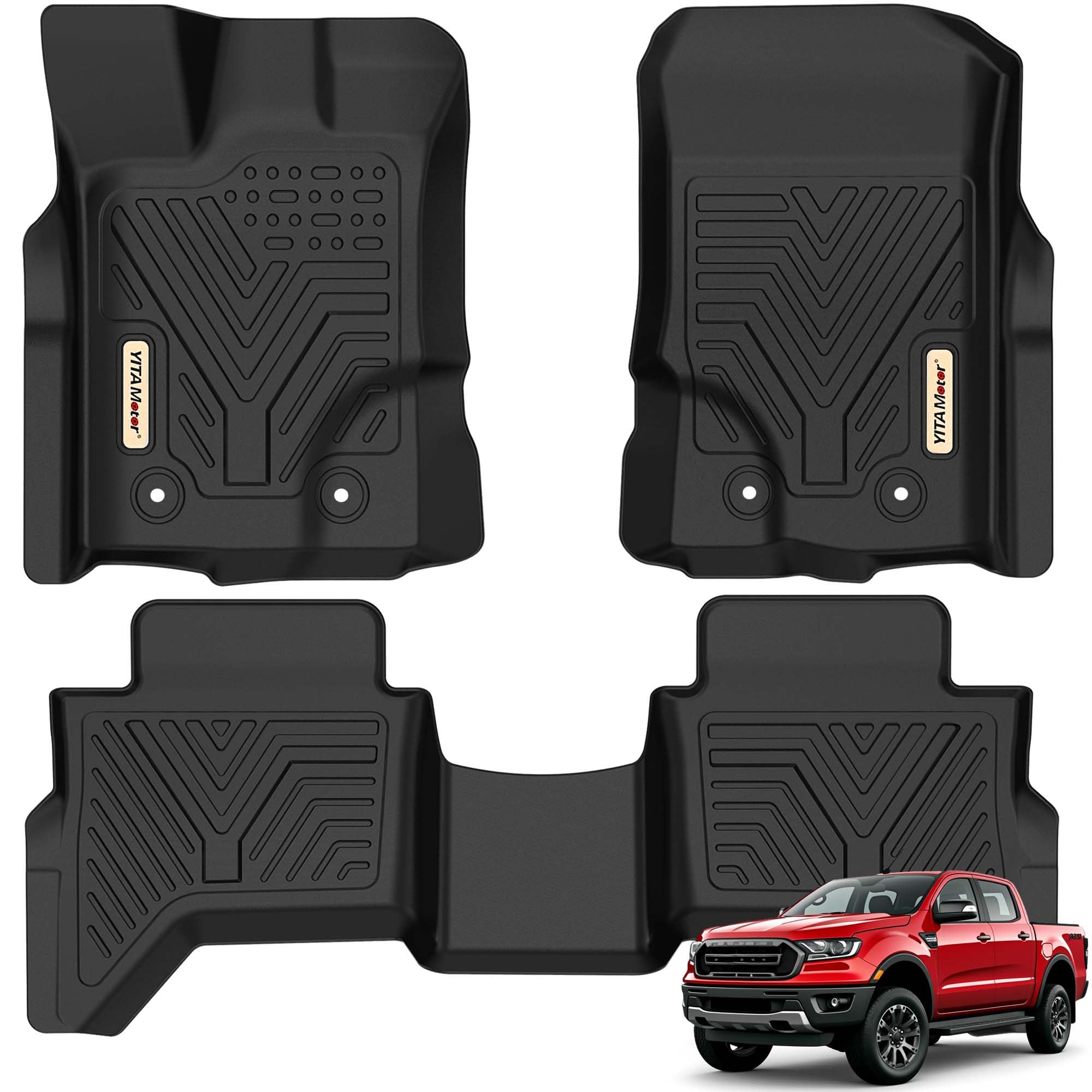 YITAMOTOR Floor Mats Fit for 2019-2023 Ford Ranger Supercrew Cab, Custom Fit Black TPE Floor Liners 1st & 2nd Row All-Weather Protection