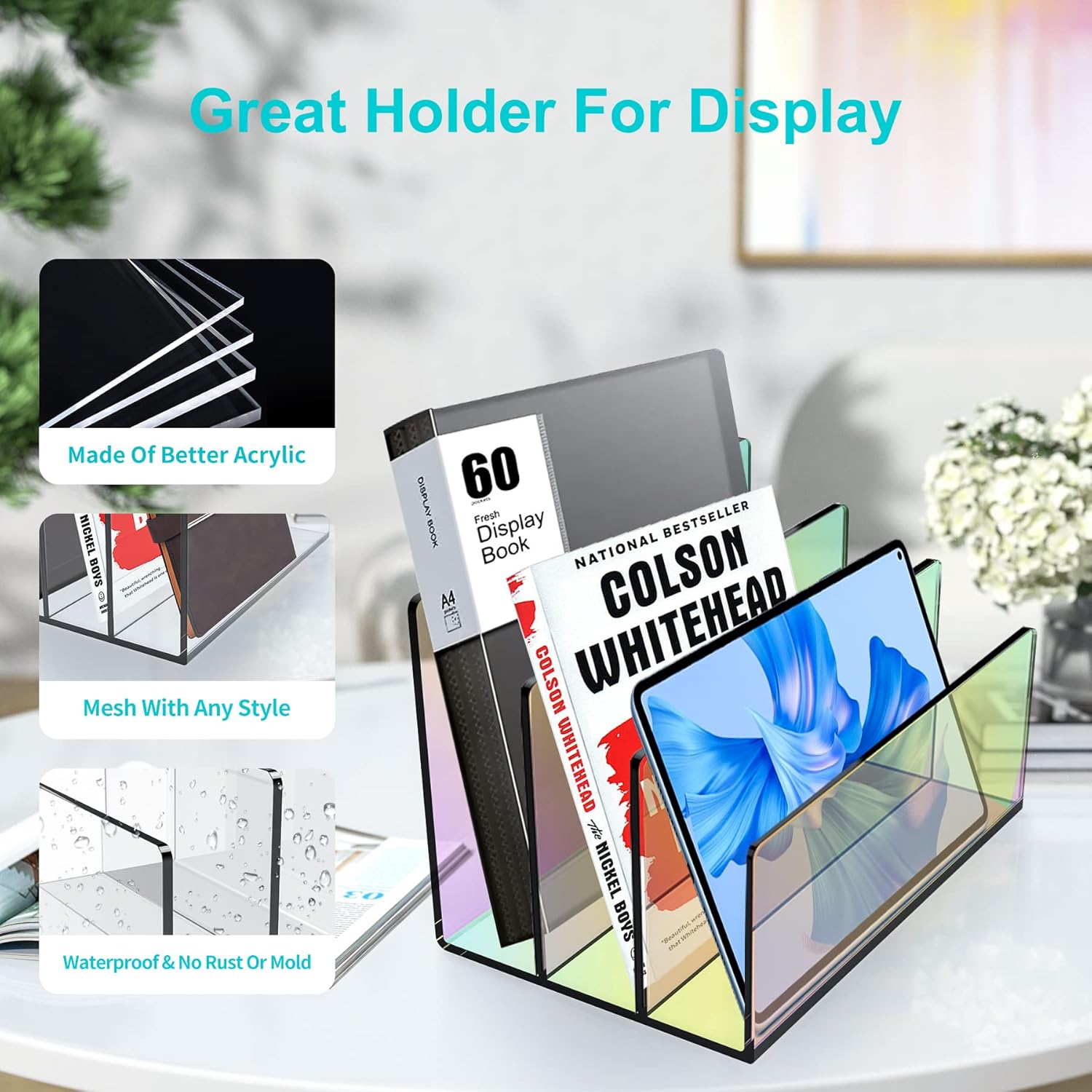 Boloyo Acrylic File Holder,1PC 3 Sections Rainbow File Organizer Mail Letter Sorter Desktop Folder Holder for Home Office School Envelope Bill Filling Paper Document