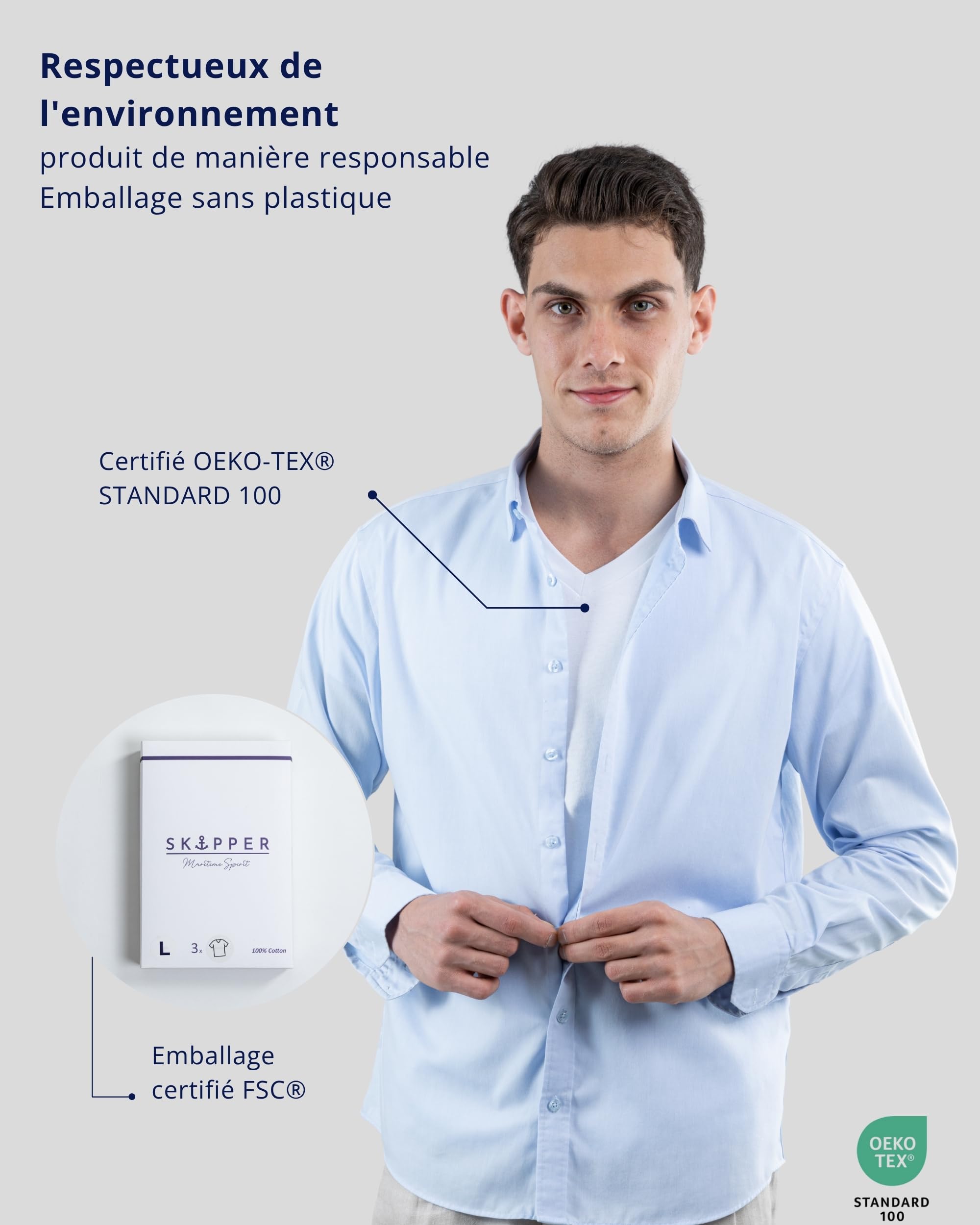 SKIPPER Lot de 3 T Shirt Homme 100% Coton I Maillot de Corps Blanc I Tricot de Corps Col V I sous Chemise Manches Courtes I Label Oeko-TEX®