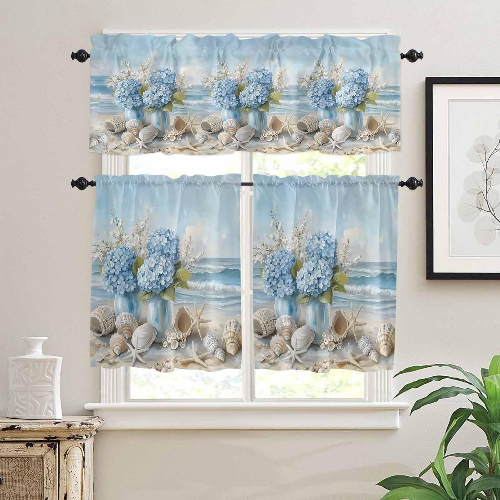 Hydrangeas Flowers Kitchen Curtains 36 Inch Length, 3 Piece Rod Pocket Small Half Tiers and Valance Set, Coastal Seaside Starfish Summer Small Large Window Treatment Decor for Bedroom/Bathroom Sink