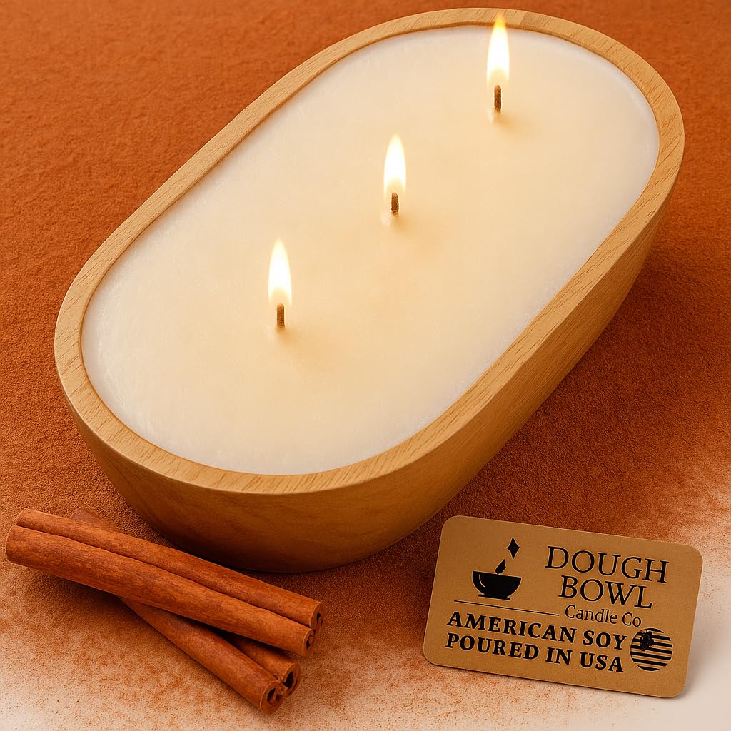 Dough Bowl Candle Co. Warm Cinnamon Buns Soy Candle - 3 Wick Rustic Farmhouse Coffee Table Decor, Odor Eliminator in Wooden Bowls, 20 Oz Wooden Dough