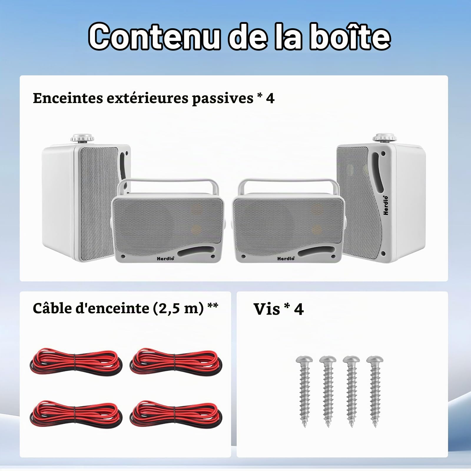 Herdio 3,5 Pouces Haut-parleurs extérieurs passifs câblés étanches murales, 400W Son supérieur, durabilité Tout Temps, pour Patio, Jardin, Bateau, Garage, intérieur de Maison (4-Pièces, Blanc)