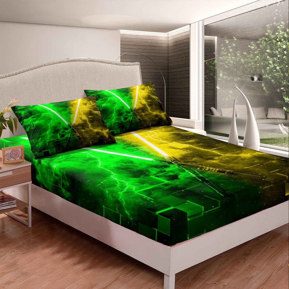 Modern Green and Yellow Fitted Sheet Queen Lightsaber Bed Sheets,Glowing Lighting Neon Gradient Sheets for Kids Boys Teen Girls Room Decor,Geometric Striped Line Bed Set