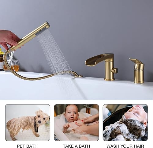 Miniatura 93 de TapLong Grifo de llenado de bañera en cascada con ducha de mano, juego de grifo de bañera romano generalizado, montaje en cubierta, 3 agujeros, Oro