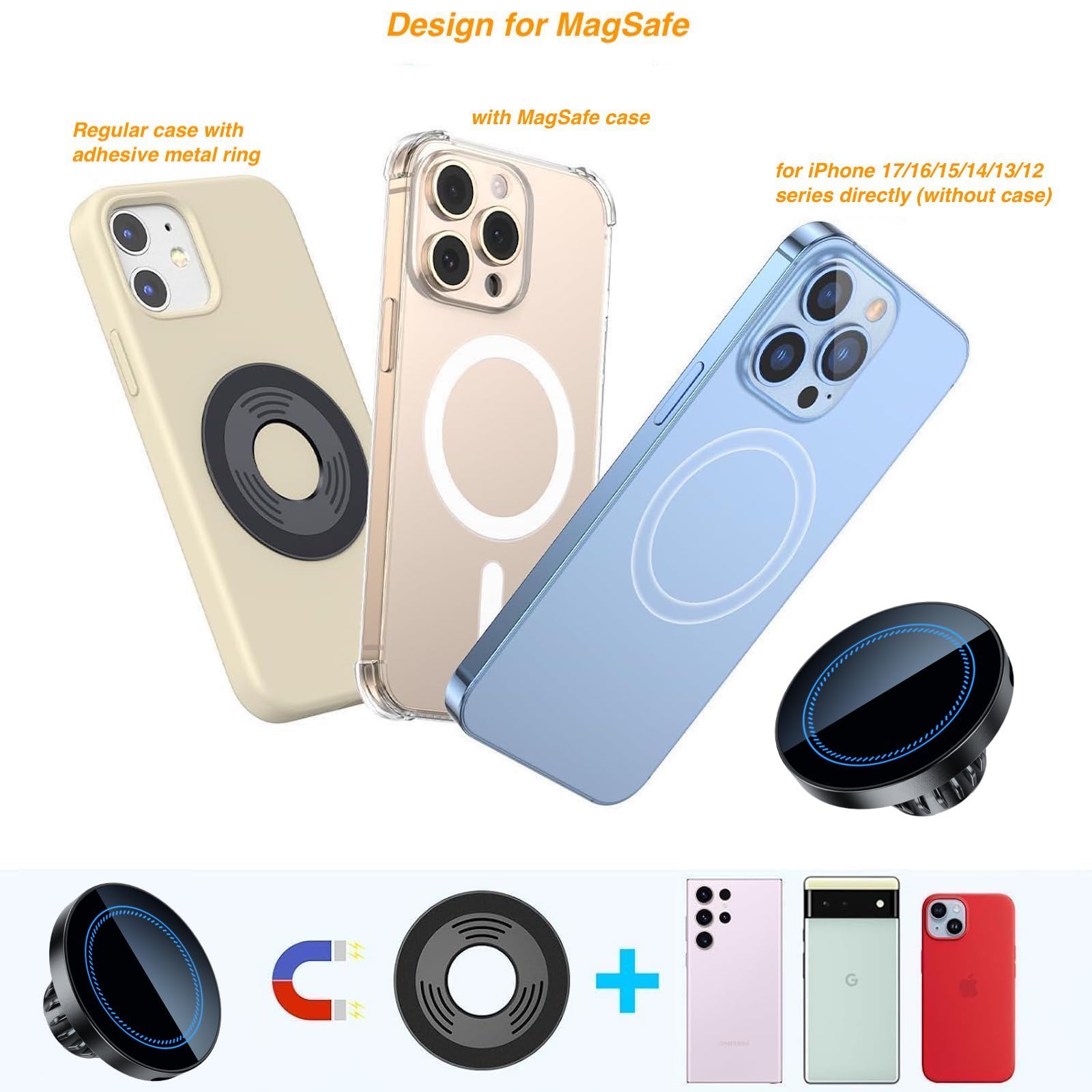 Magnetyczny uchwyt do bezprzewodowego ładowania telefonu z gniazdem kulowym 17 mm do MagSafe, wytrzymały, magnetyczny uchwyt kulkowy pasuje do uchwytu samochodowego o średnicy 17 mm / 0,67