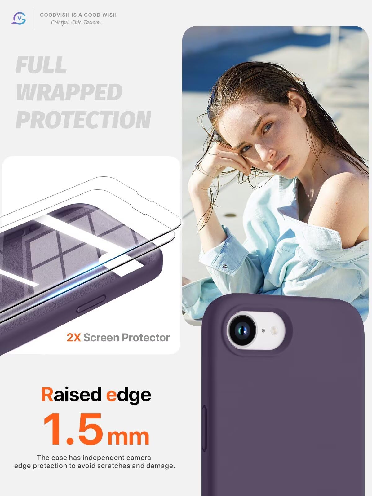 GOODVISH 3 in 1 Silicone Cover per iPhone 16e 6.1", Custodia con 2 Pellicola Vetro Temperato [Protezione Fotocamera] Protezione Anticaduta Case per Cellulare Antiurto Resistente, Viola Scuro