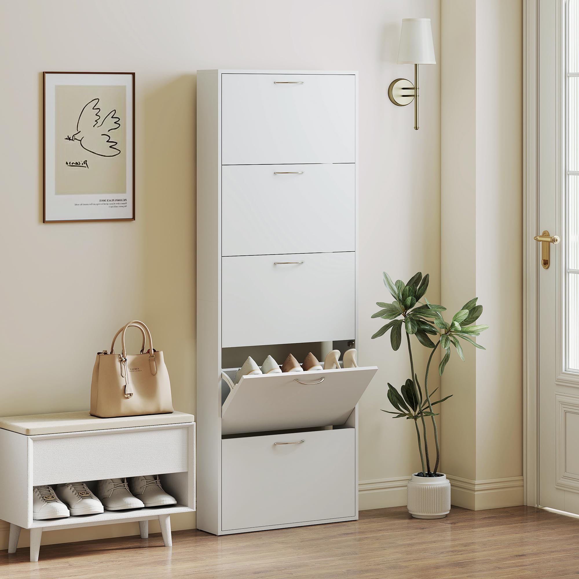 HOMCOM Scarpiera Salvaspazio Slim Alta 5 Ante 65x17x180.5 cm Bianco | Ante a Ribalta, Porta Scarpe per 15 Paia con Maniglia, Mobiletto Ingresso con Piano Superiore Portaoggetti