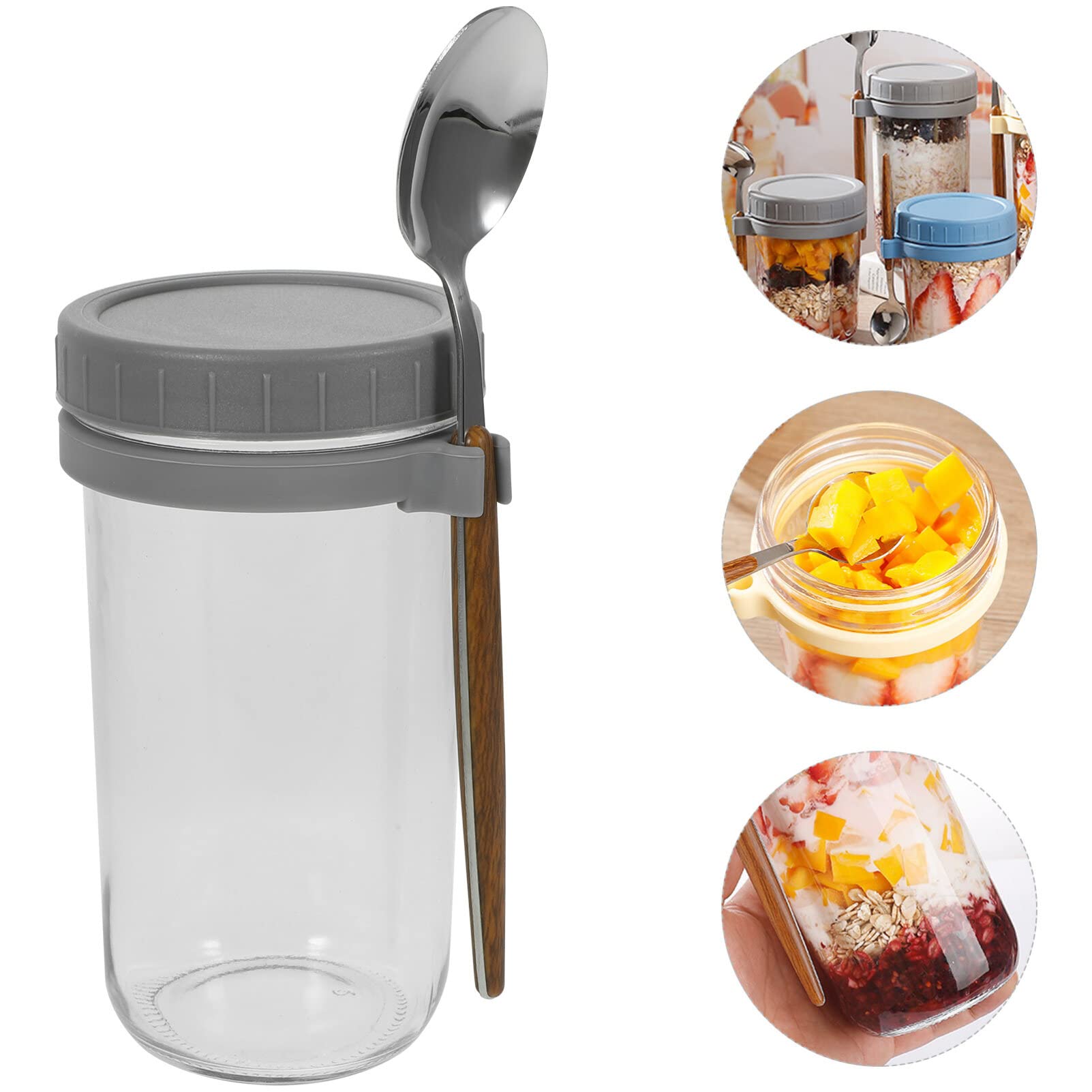 UPKOCH 2 Stück Praktischer Müslibecher aus Glas 600ml mit Löffeln | Deckel aus Kunststoff, Rutschfestes Design, Tragbar für Unterwegs, Haferflockengläser mit Deckel