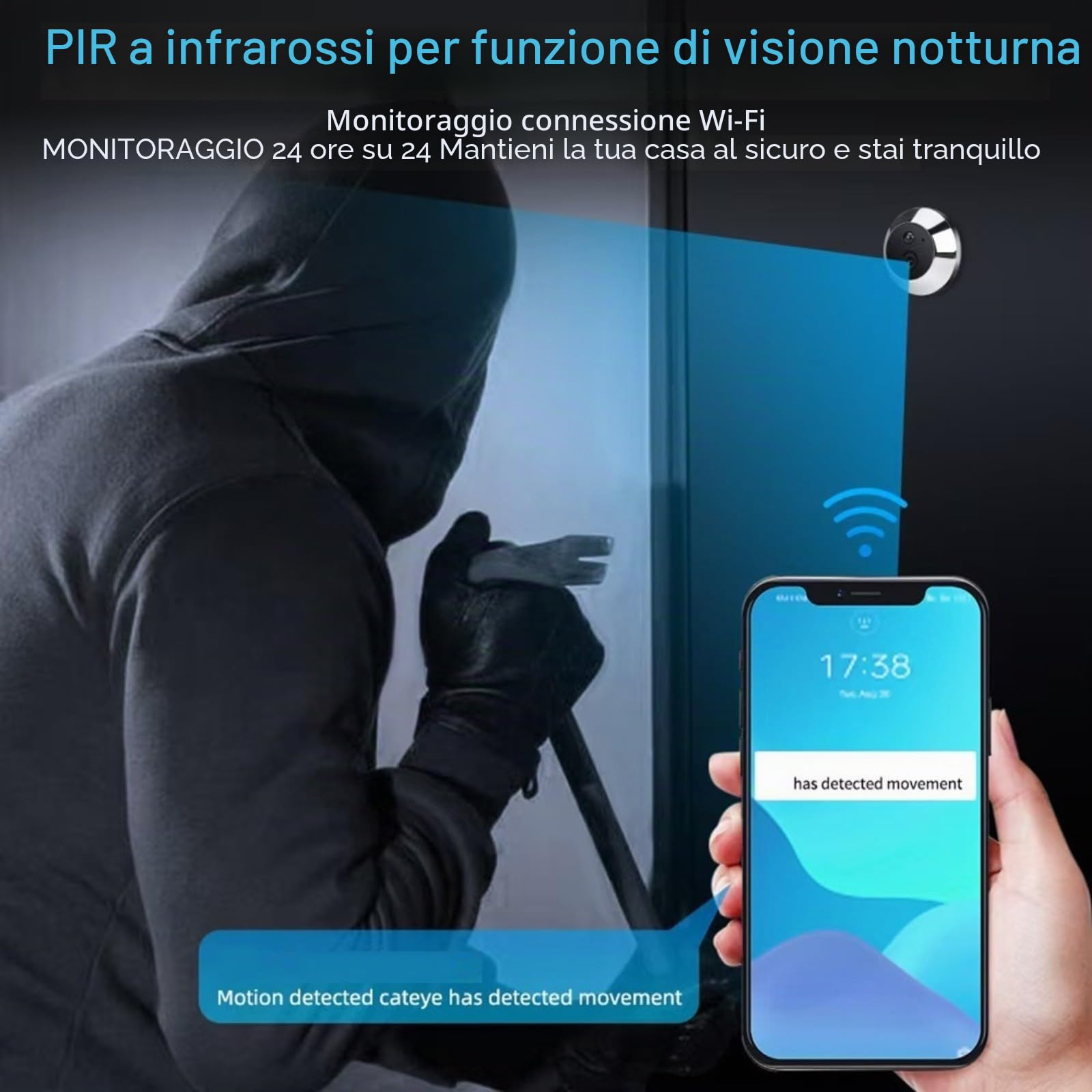 Spioncino digitale per porta, con connessione WiFi, schermo da 4,3 pollici, telecamera HD 1080p, rilevatore di movimento, avvisi a infrarossi