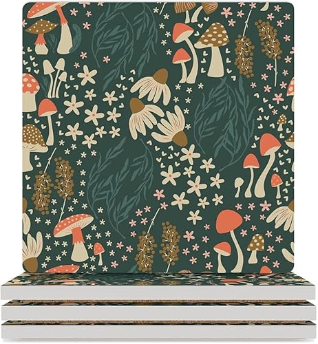 Miniatura 53 de Posavasos botánicos, posavasos redondos de cerámica redondos, 4 unidades, diseño de plantas vintage, diseño botánico de dibujos animados, hongos