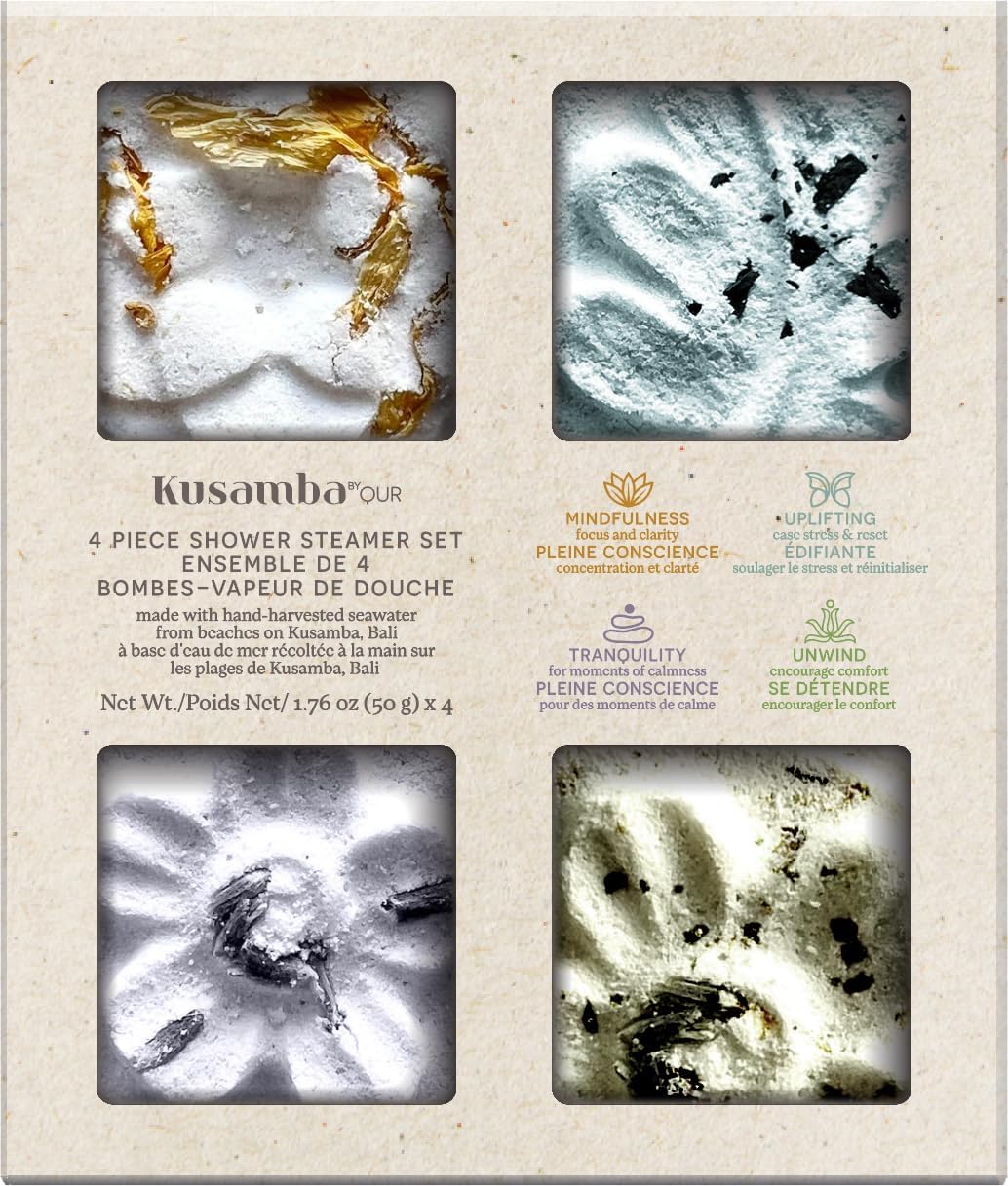 Shower Steamers Aromatherapy with Botanical Leaves & Mineral Sea Water, 4 Natural Spa Tablets for Relaxation, Self-Care, and Calming Scent Therapy, 400g, Salt, Kusamba by QUR