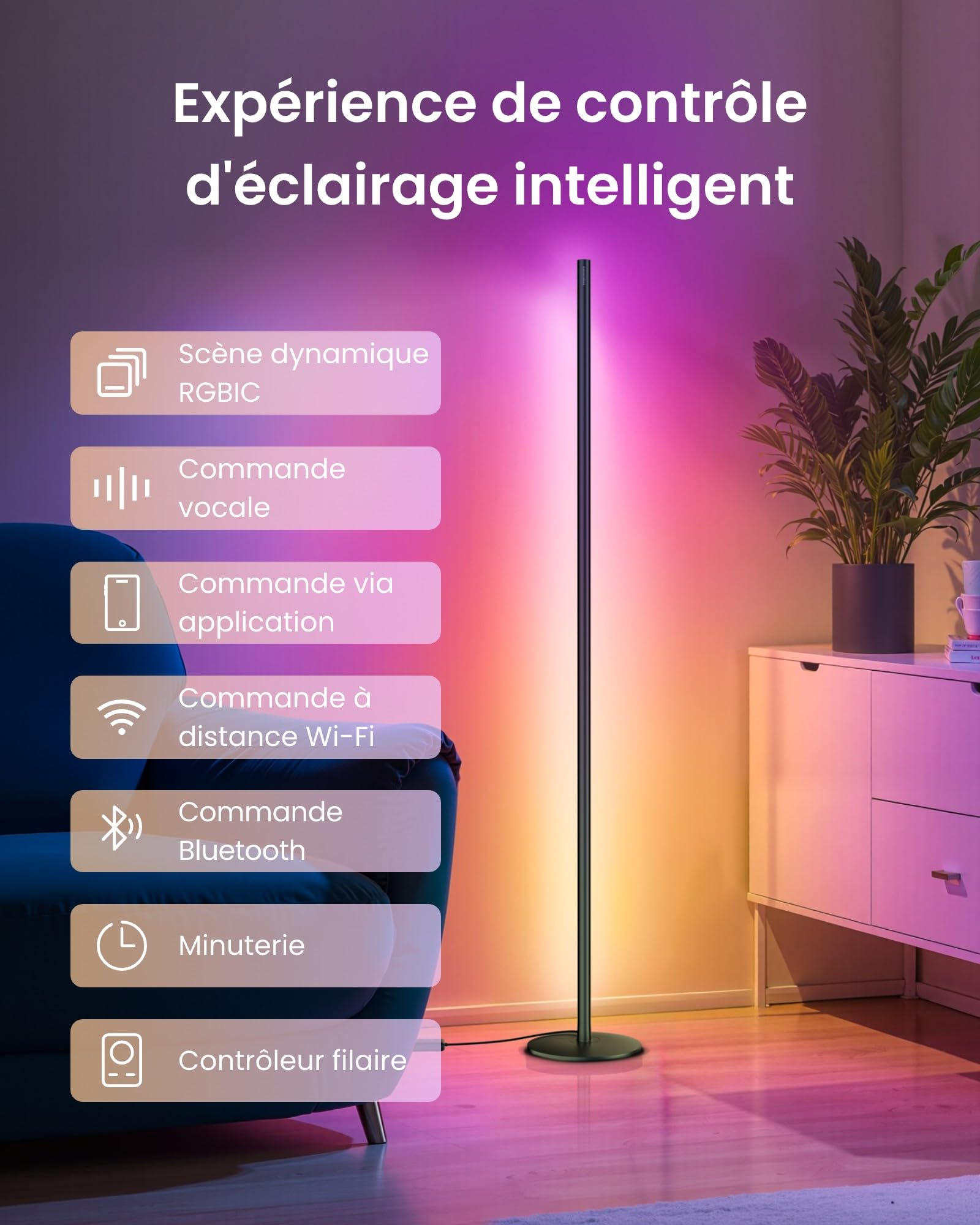 SwitchBot Matter RGBICWW Lampadaire sur Pied, Blanc Chaud et Froid, Lampe sur Pied Compatible avec Apple Home, Alexa, Google Home, 1200lm, 16 Millions Couleurs, Synchronisation Musicale, Modes Scène