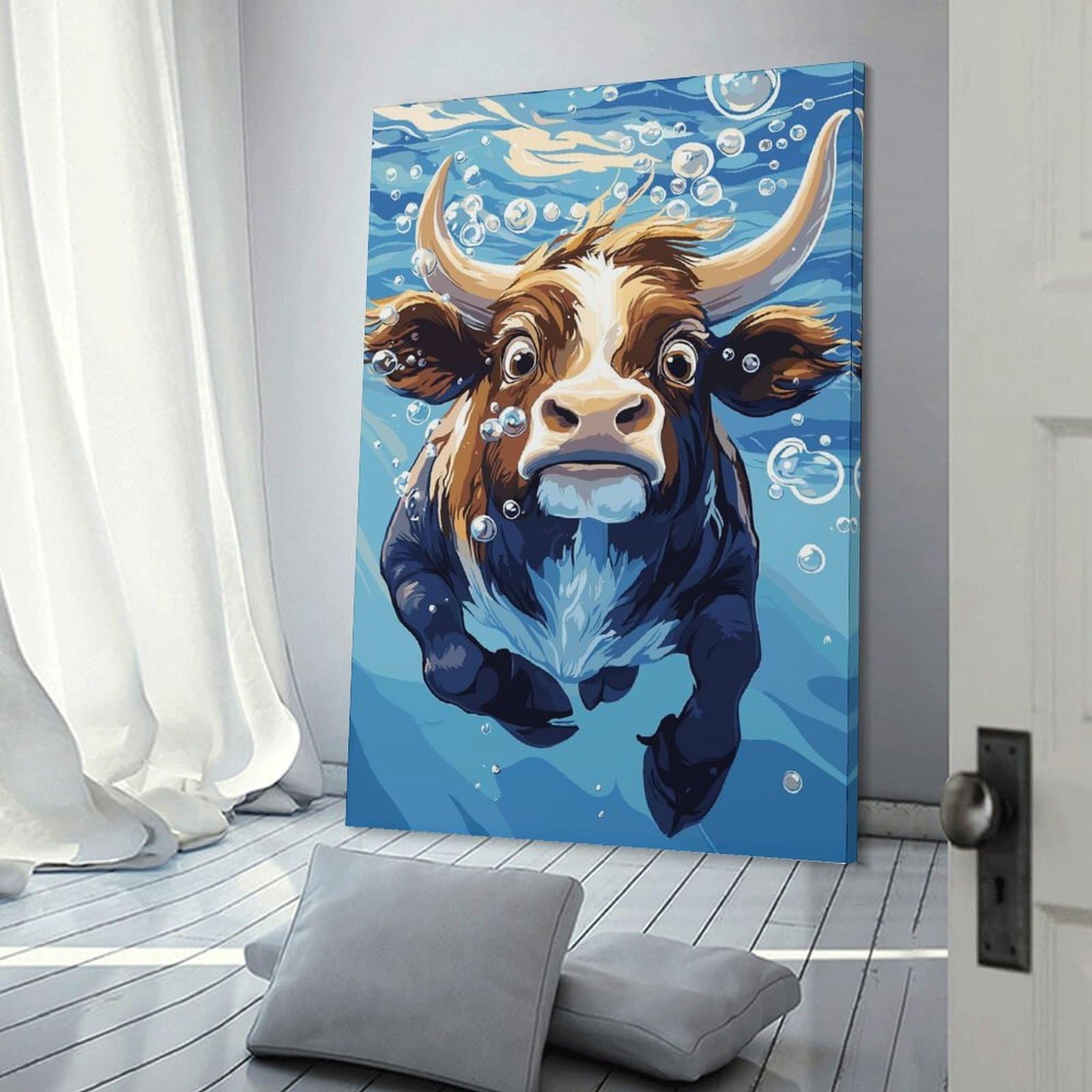 Junmoney Frame-Style Home Decor Wall Art Cartoon Cow Swimming Underwater With Bubbles, 12X18inch(30X45cm), For Bedroom Decor, Cosy Corners Or Studios, Decorative Wall Art For Cosy Rooms
